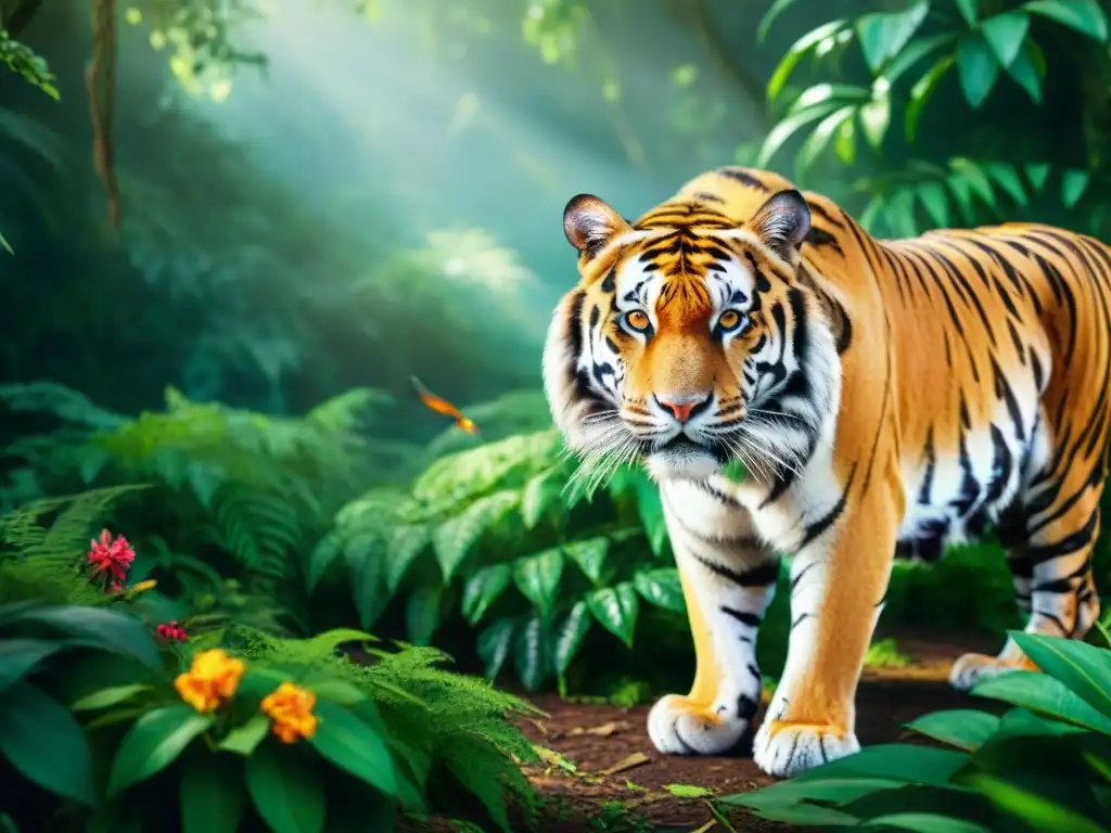 Un majestuoso tigre de Bengala en la exuberante selva, rodeado de flores y aves coloridas