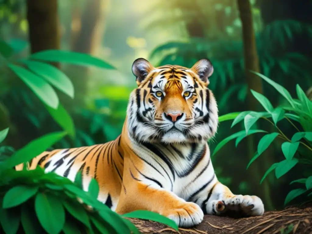 Esplendor felino: retrato realista de un tigre de Bengala en la selva Un majestuoso tigre de Bengala descansa en un exuberante bosque asiático, con ojos poderosos