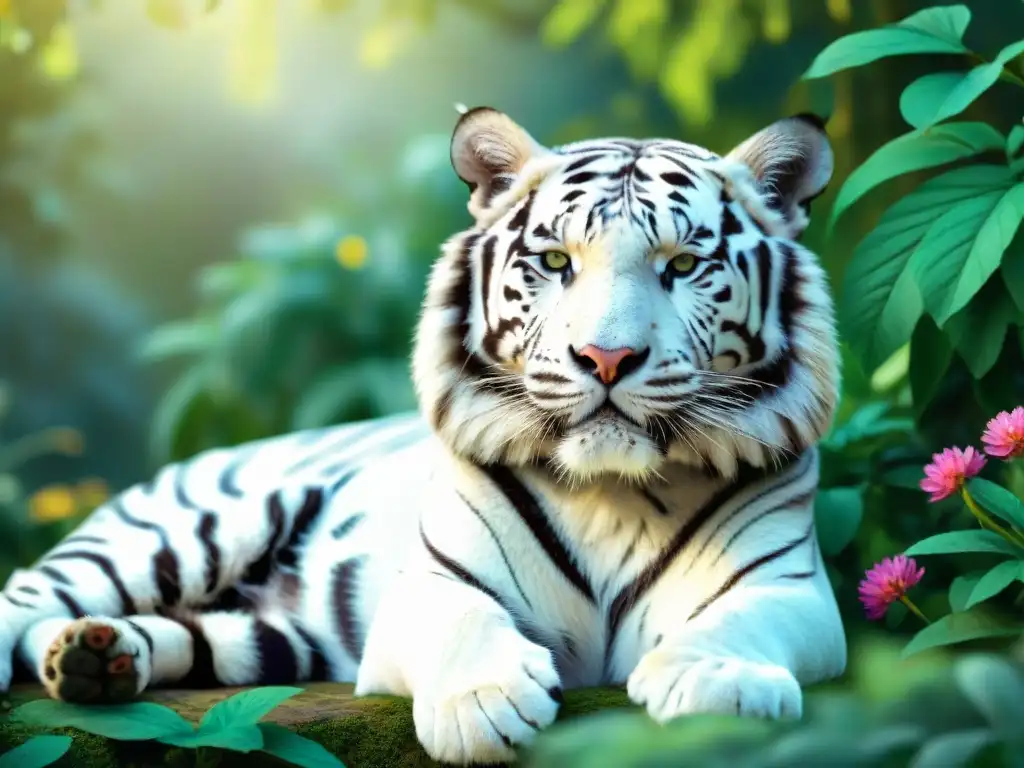 Relajación felina en jardín de hierbas Ayurveda Un majestuoso tigre blanco descansa bajo la sombra de un exuberante jardín de hierbas ayurvédicas, rodeado de flores vibrantes