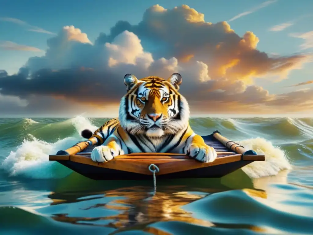 Épica travesía: tigre Bengalí en balsa en alta mar Majestuoso tigre Bengalí flotando con calma en un mar turbulento, reflejando convivencia y supervivencia