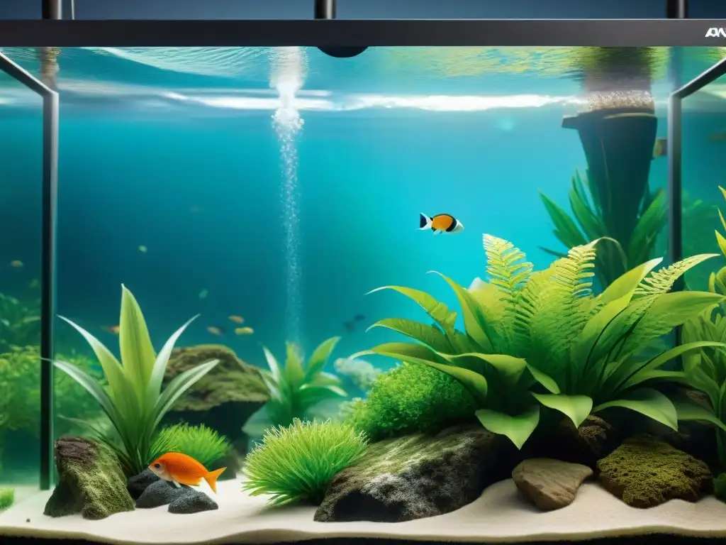 Instalación experta de filtro en acuario: detalle y precisión Mano instalando sistema filtración acuario paso a paso en acuario, reflejando precisión y vitalidad acuática