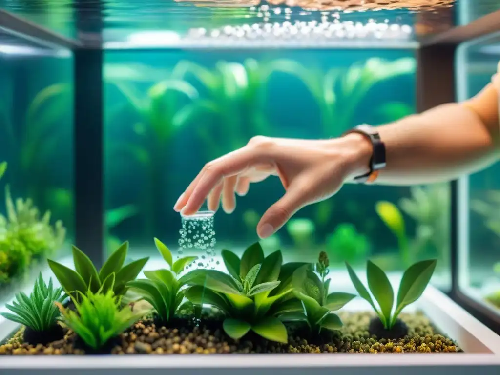 Mano ajustando sistema de filtración acuática Mano instalando sistema filtración acuario paso a paso con plantas y peces en segundo plano