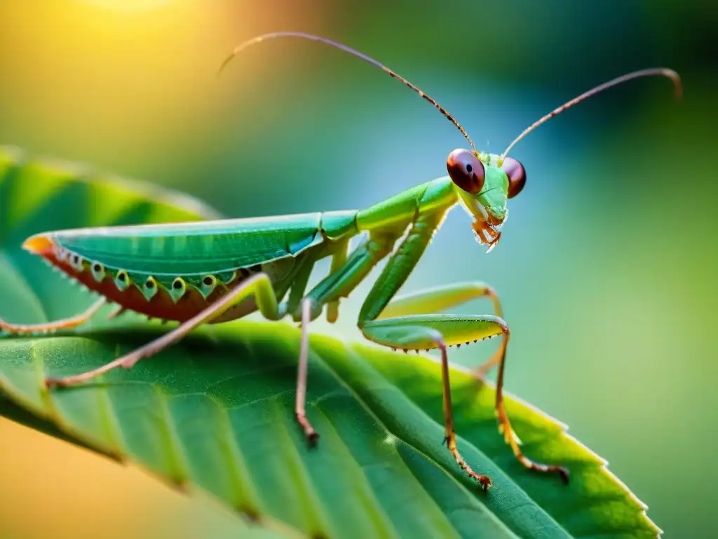 Detalle asombroso de Mantis Religiosa verde en hoja Una mantis religiosa verde vibrante en detalle sobre una hoja, con patrones exquisitos