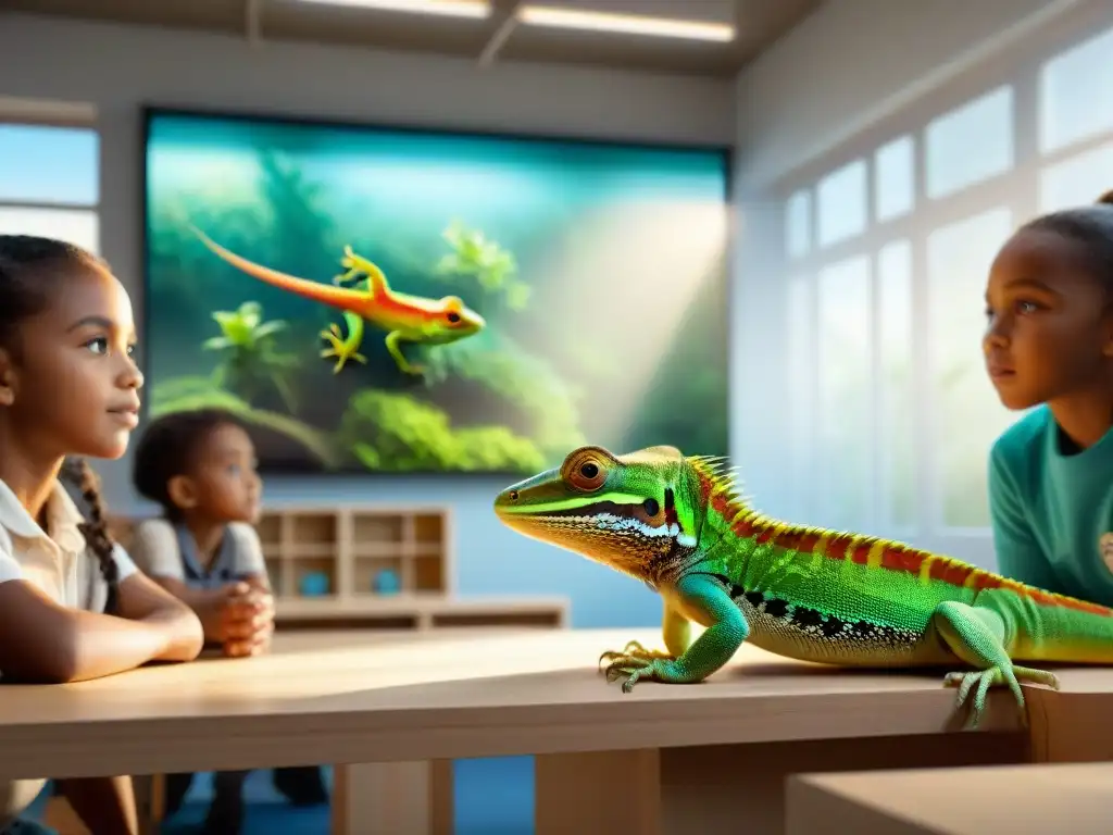 Maravillosa convivencia segura entre niños y anolis en aula escolar vibrante