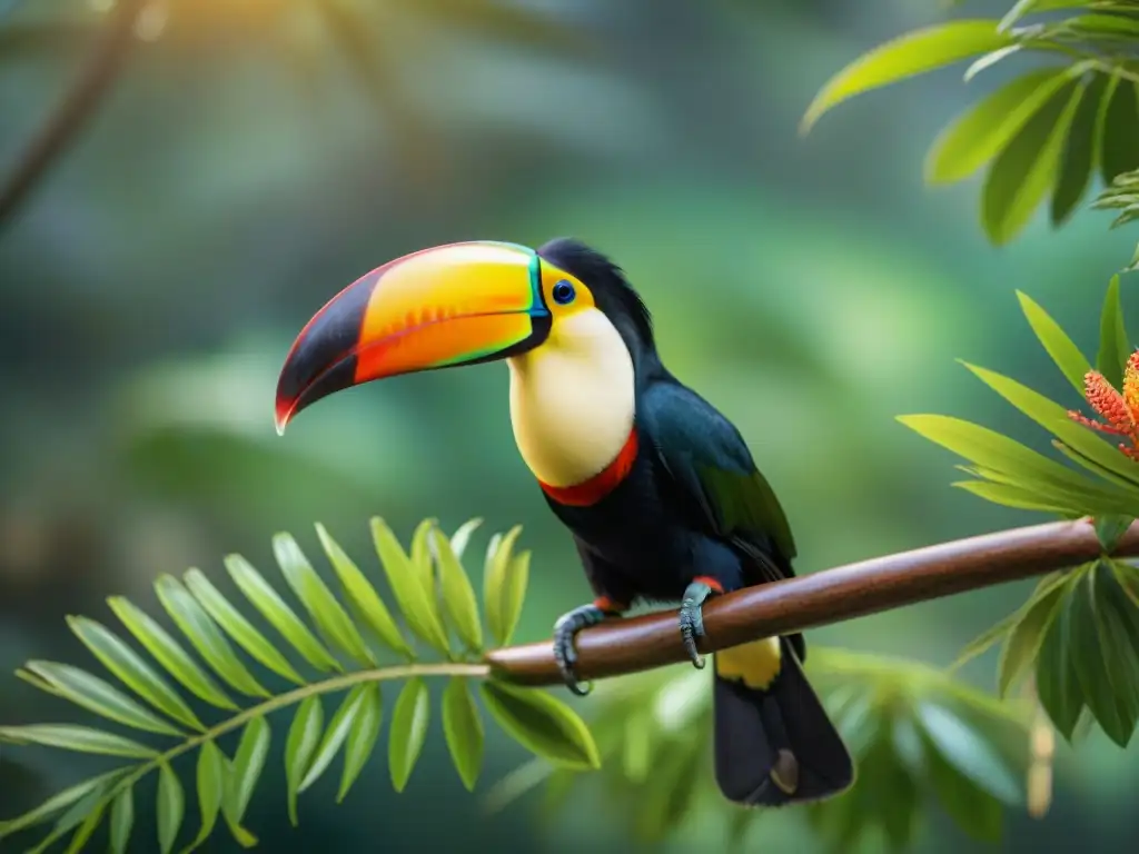 Fotografía de mascotas exóticas en la naturaleza: un tucán colorido posado en una rama en la selva tropical