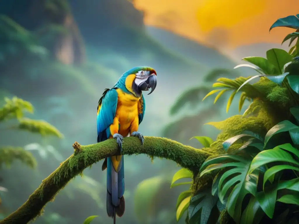 Fotografía de mascotas exóticas en la naturaleza: Una escena vibrante con un guacamayo, pantera, mono y rana en su hábitat natural al atardecer