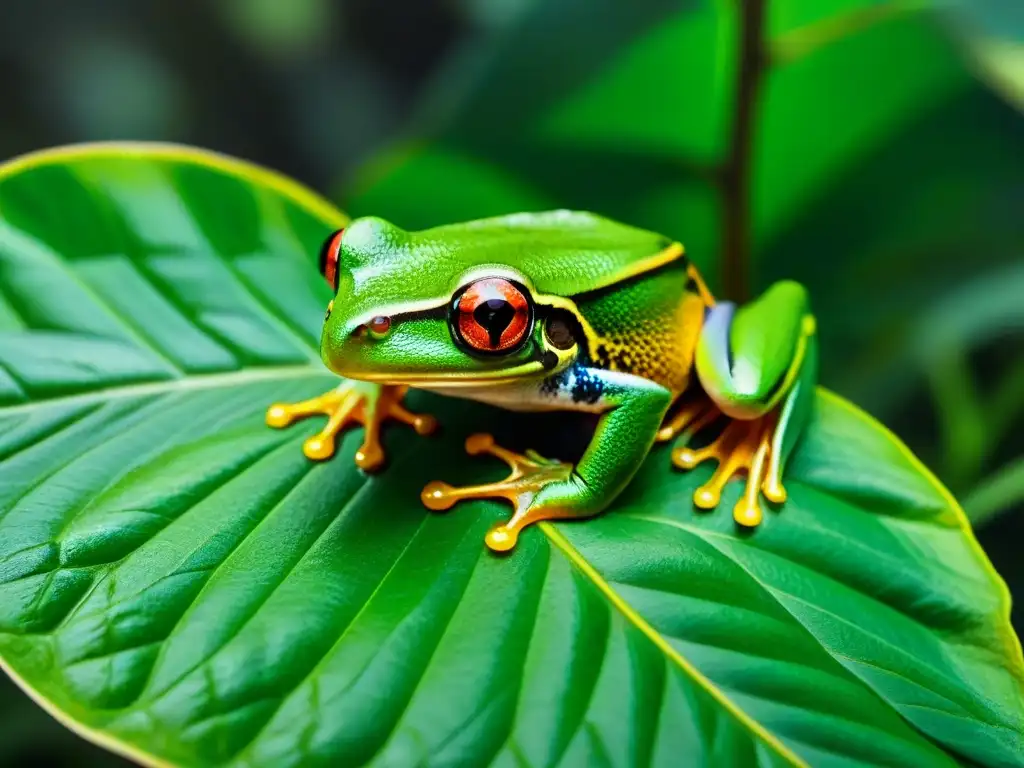 Increíble fotografía de mascotas exóticas en la naturaleza: rana verde detallada en hoja tropical, reflejando la luz del sol en la selva exuberante