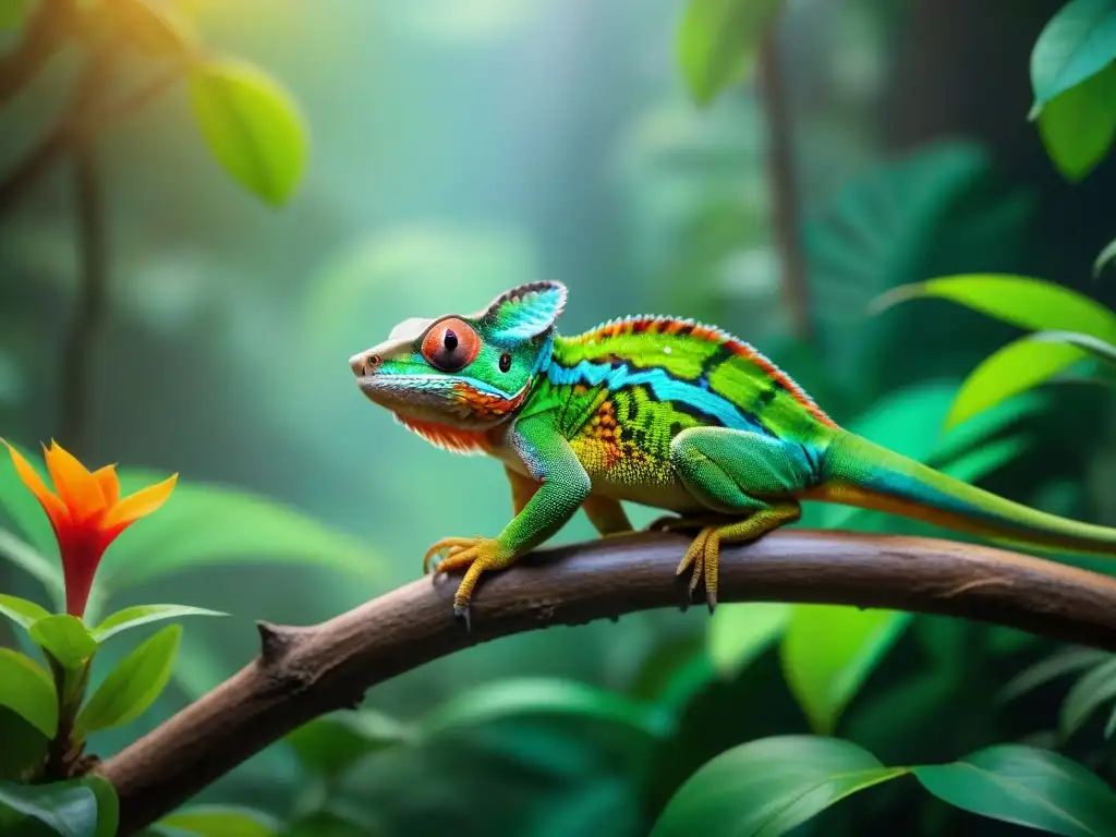 Fotografía de mascotas exóticas en la naturaleza: Una selva vibrante donde conviven un camaleón, un planeador del azúcar, un dragón barbudo y un loro