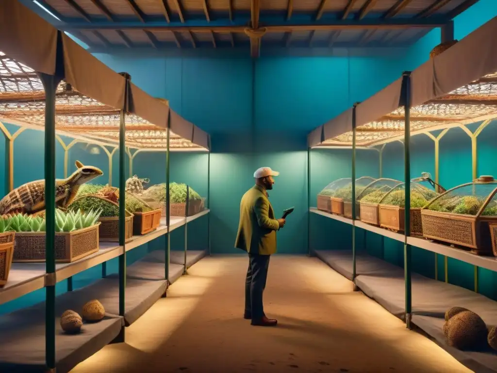 Un mercado negro de arácnidos exóticos en la penumbra, con figuras sombrías intercambiando mascotas en terrarios