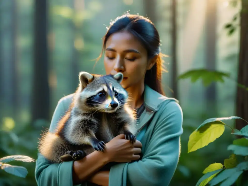 Un momento conmovedor: persona cuida a un mapache rescatado en un bosque tranquilo