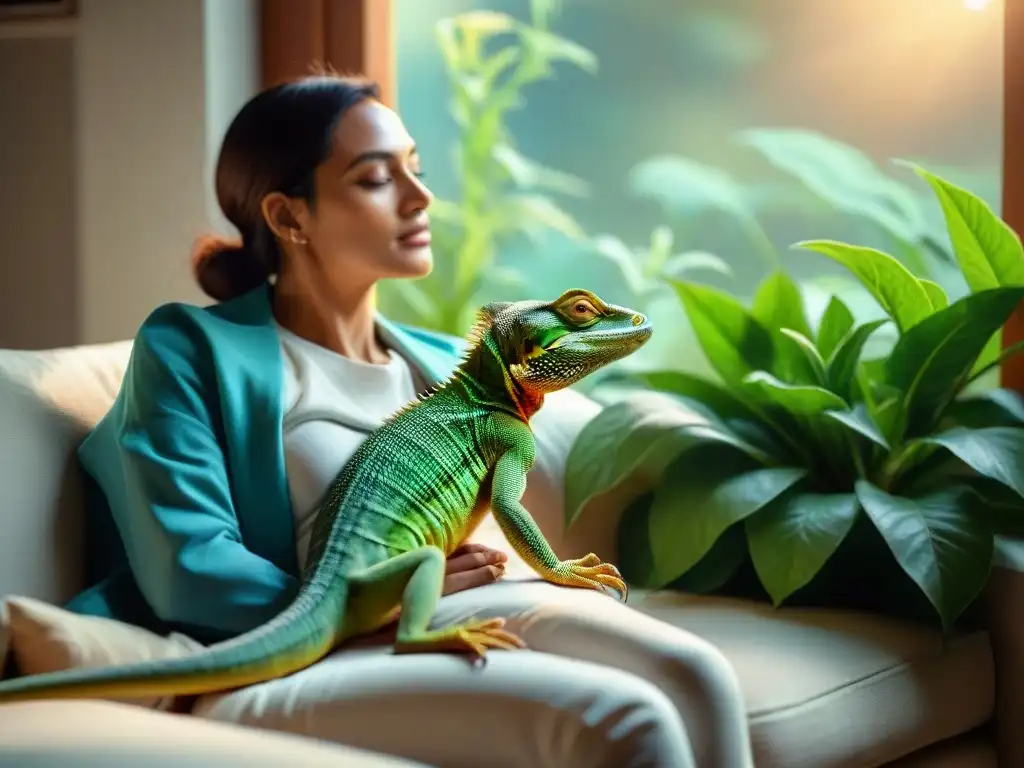 Tranquilidad en casa: persona relajada con lagarto terapéutico Un momento de tranquilidad rodeado de plantas verdes, con un lagarto en el hombro transmitiendo beneficios emocionales de la terapia