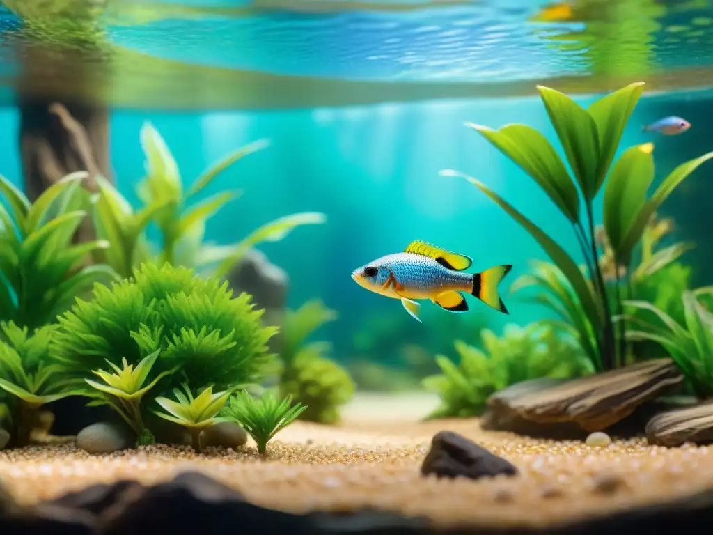 Un mundo acuático vibrante con peces agua dulce exóticos pequeños entre plantas verdes y madera a la luz del sol