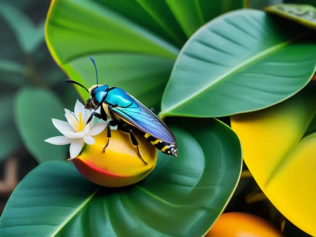 Exóticos insectos en frutas tropicales: detallada y realista imagen Un mundo exótico de insectos detallados disfrutando de frutas tropicales