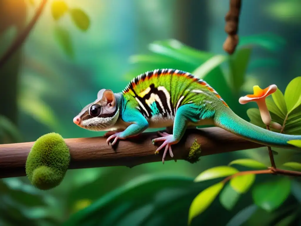 Un mundo mágico de mascotas exóticas en la selva, con un camaleón colorido, un planeador azucarero, un erizo curioso y un loro majestuoso