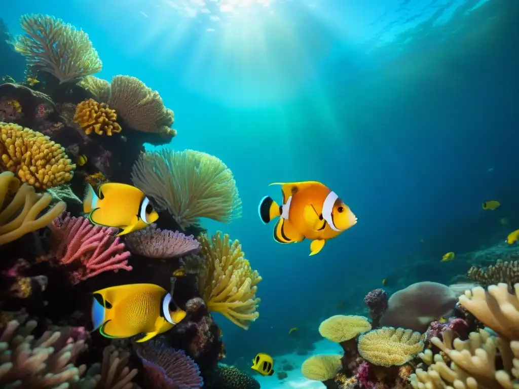 Arrecife de coral vibrante: un mundo submarino lleno de vida Un mundo submarino lleno de peces exóticos y coloridos en un arrecife de coral vibrante, ideal para una dieta para peces marinos exóticos