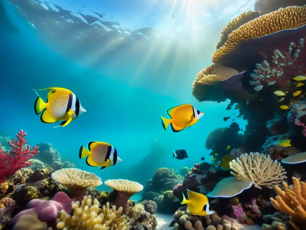 Arrecife submarino exótico: belleza y diversidad marina Un mundo submarino vibrante y diverso, con peces exóticos detallados y escamas brillantes bajo el agua cristalina