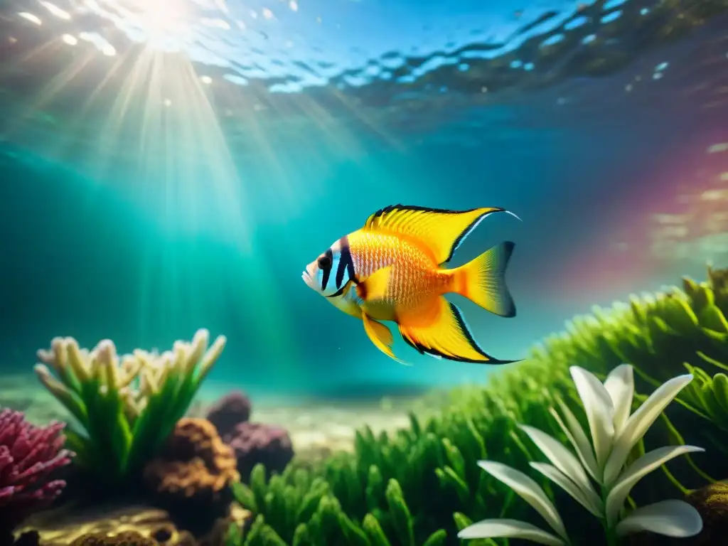 Maravilloso mundo submarino lleno de peces exóticos Un mundo submarino vibrante lleno de peces exóticos de colores variados y rodeado de plantas acuáticas, iluminado por la luz filtrada del sol