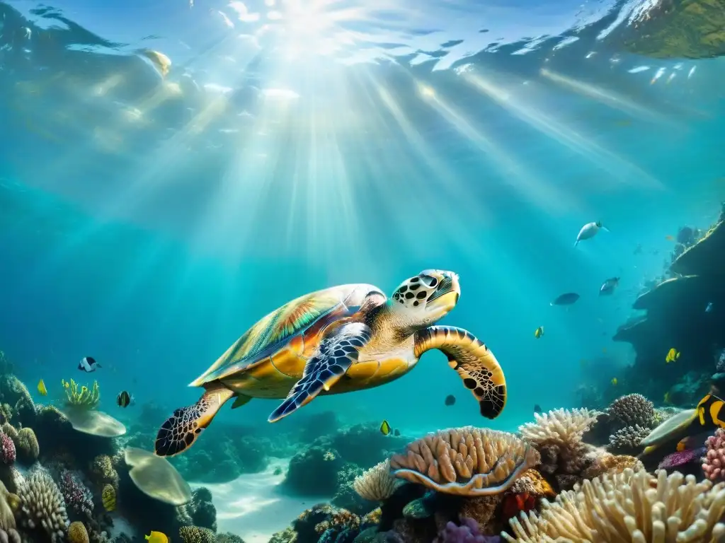 Escena submarina: Tortugas marinas y arrecifes de coral Un mundo submarino vibrante con tortugas marinas, peces y arrecifes de coral