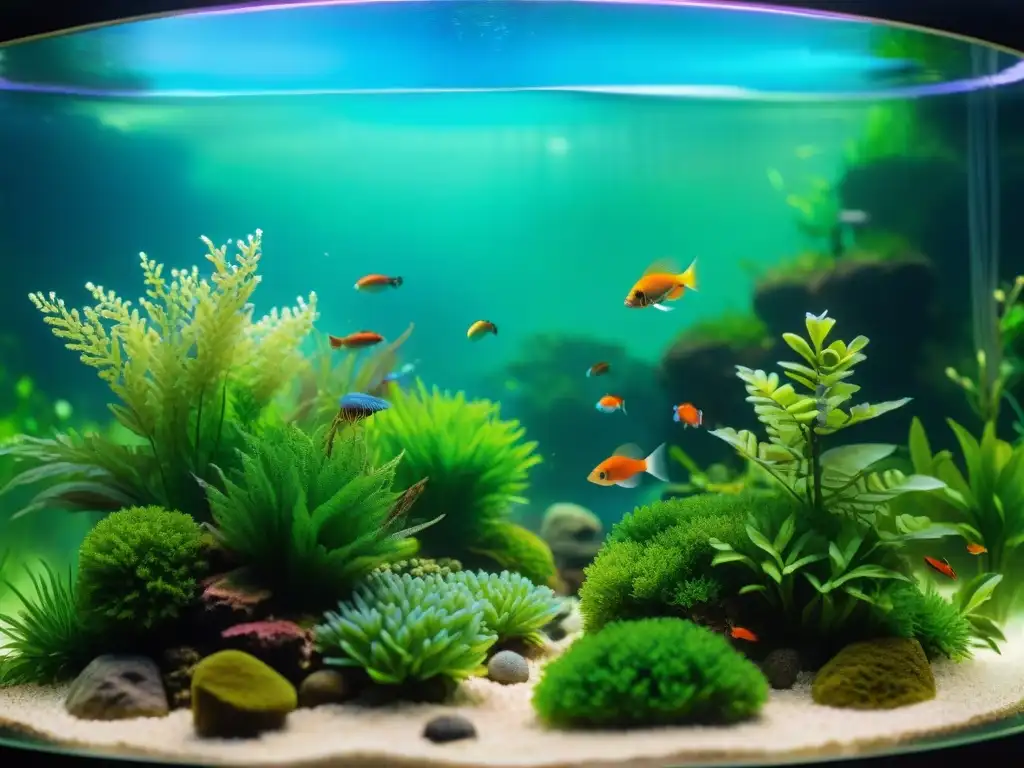 Un nanoacuario vibrante con peces agua dulce exóticos pequeños entre plantas verdes y rocas