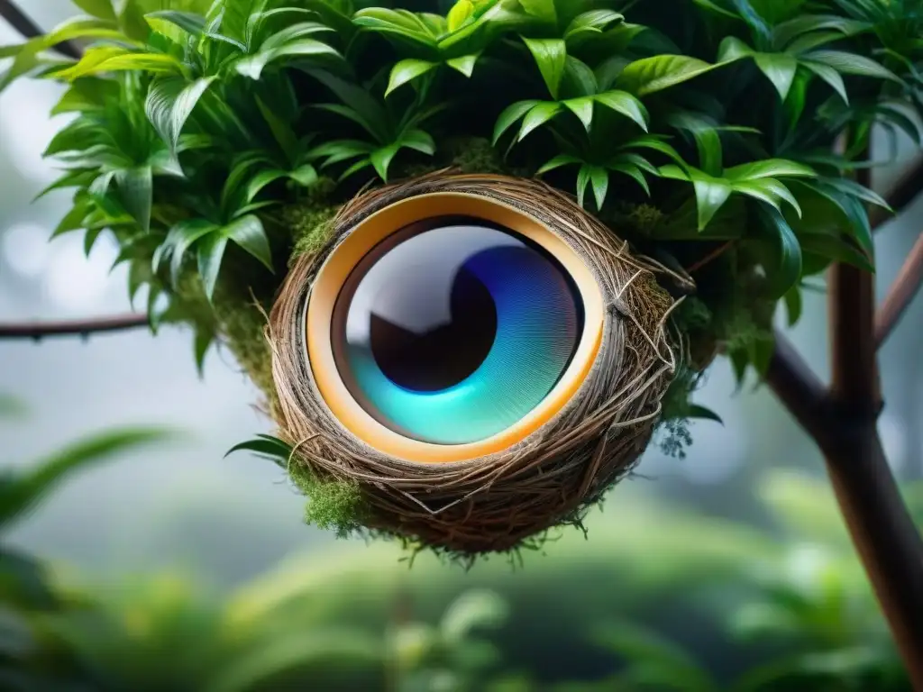 Nido de alta tecnología para aves exóticas en entorno natural Un nido tecnológico para cría de aves exóticas, fusionando innovación y naturaleza