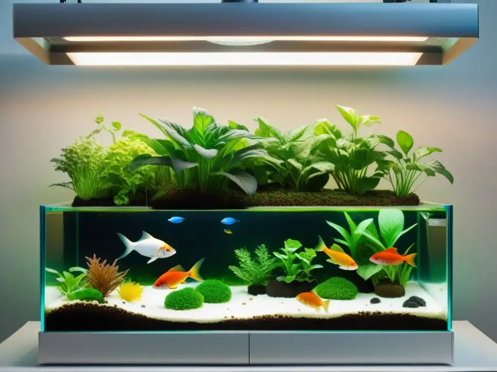 Acuario doméstico con sistema aquapónico integrado Un oasis de Acuaponía en acuarios autosostenible, donde peces y plantas conviven en armonía