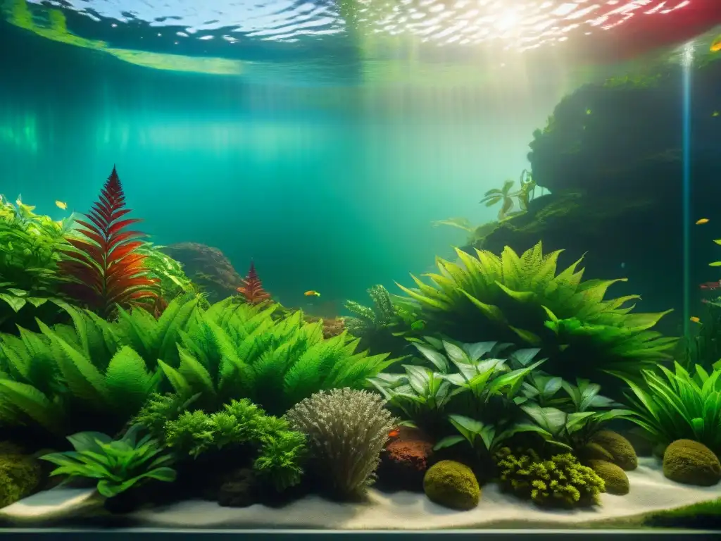 Acuario vibrante con plantas acuáticas exuberantes Un oasis acuático vibrante con una variedad de plantas exuberantes en un acuario cristalino, integrado con un moderno sistema de filtración
