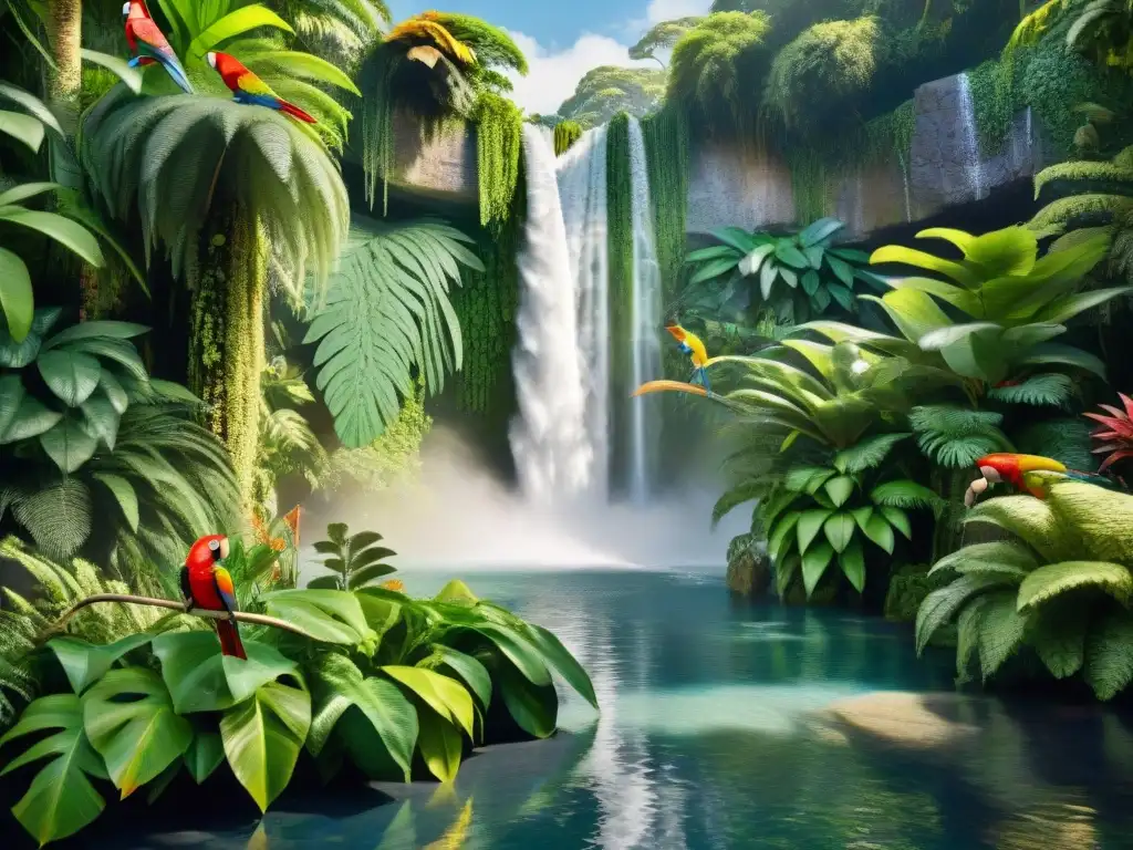 Un oasis exótico donde conviven pacíficamente animales coloridos en una jungla vibrante
