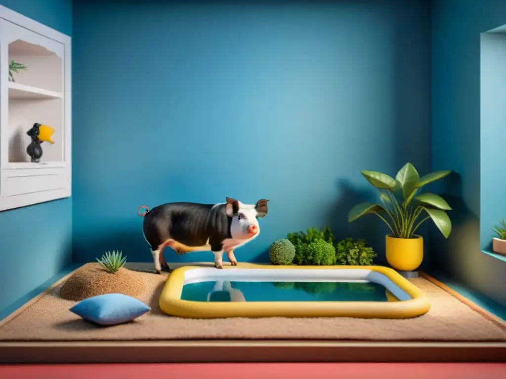 Un oasis lujoso para mini pigs exóticos, con plantas exóticas, piscina y cuidados especiales