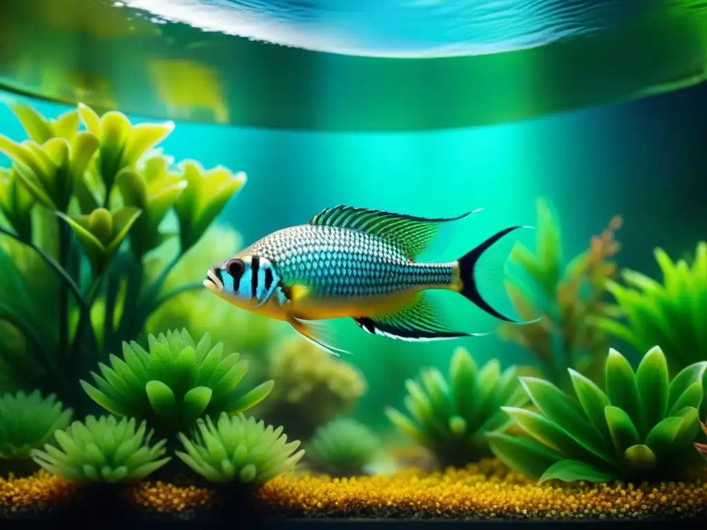 Acuario vibrante: peces coloridos y plantas exuberantes Un oasis subacuático de peces coloridos nadando en un acuario cristalino rodeados de plantas verdes exuberantes