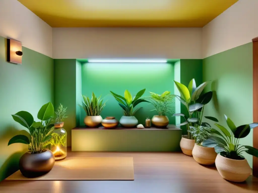Habitación Ayurveda para mascotas exóticas Un oasis de tranquilidad: Tratamiento ayurveda para mascotas exóticas en habitación serena con plantas exóticas y suaves luces