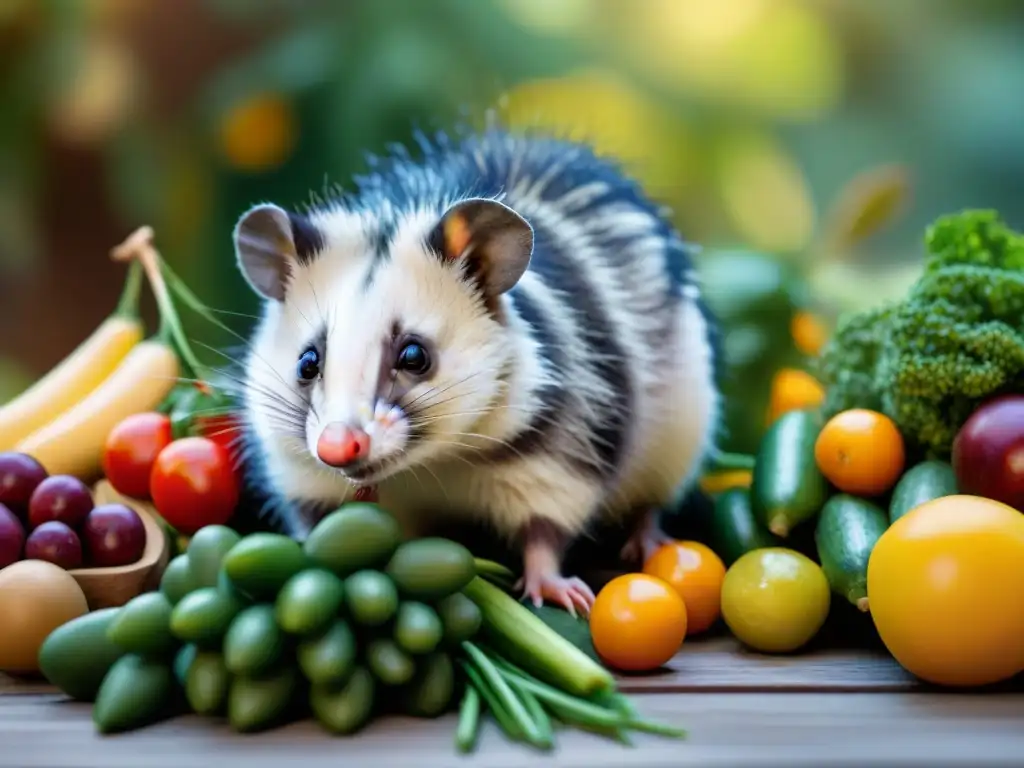 Opossum adorable en dieta balanceada de frutas y verduras frescas Un oso hormiguero adorable disfrutando de una nutrición adecuada entre frutas y verduras frescas en una cocina acogedora