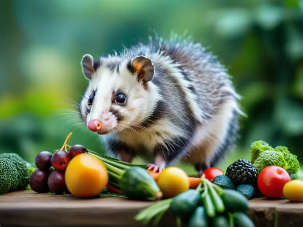 Opossum feliz disfrutando de frutas y verduras en detalle Un oso perezoso feliz disfrutando de una variedad de frutas y verduras, rodeado de colores vibrantes en un bosque exuberante
