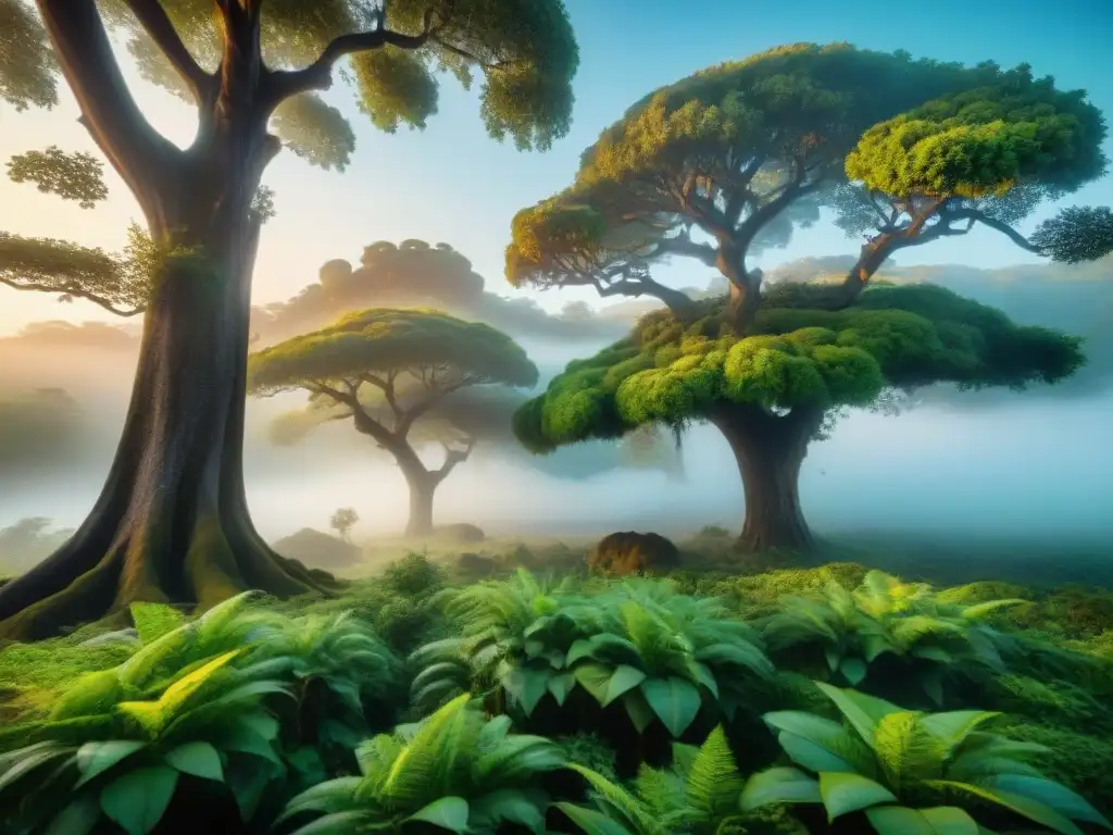 Imagen fotorrealista de paisaje prehistórico con fásmidos camuflados Un paisaje prehistórico detallado con fásmidos camuflados entre árboles antiguos