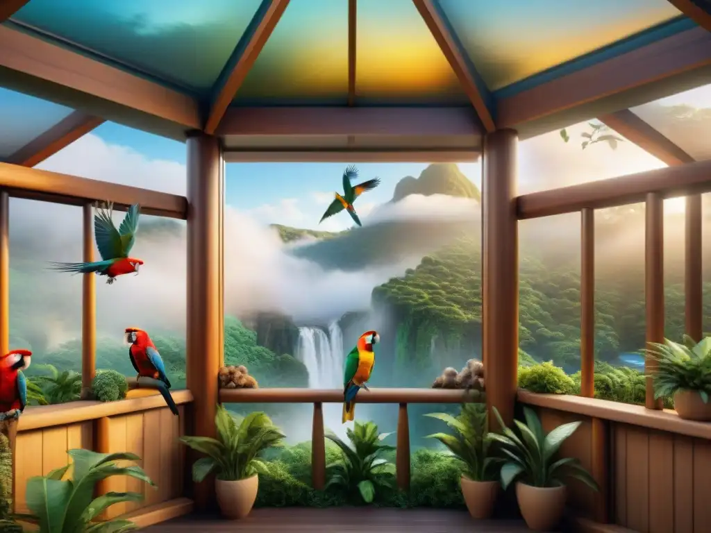 Aviario exótico: paraíso de aves vibrantes y naturales Un paraíso de aves exóticas interactuando en un hábitat enriquecido con vegetación, perchas de madera y juguetes, iluminado por luz natural