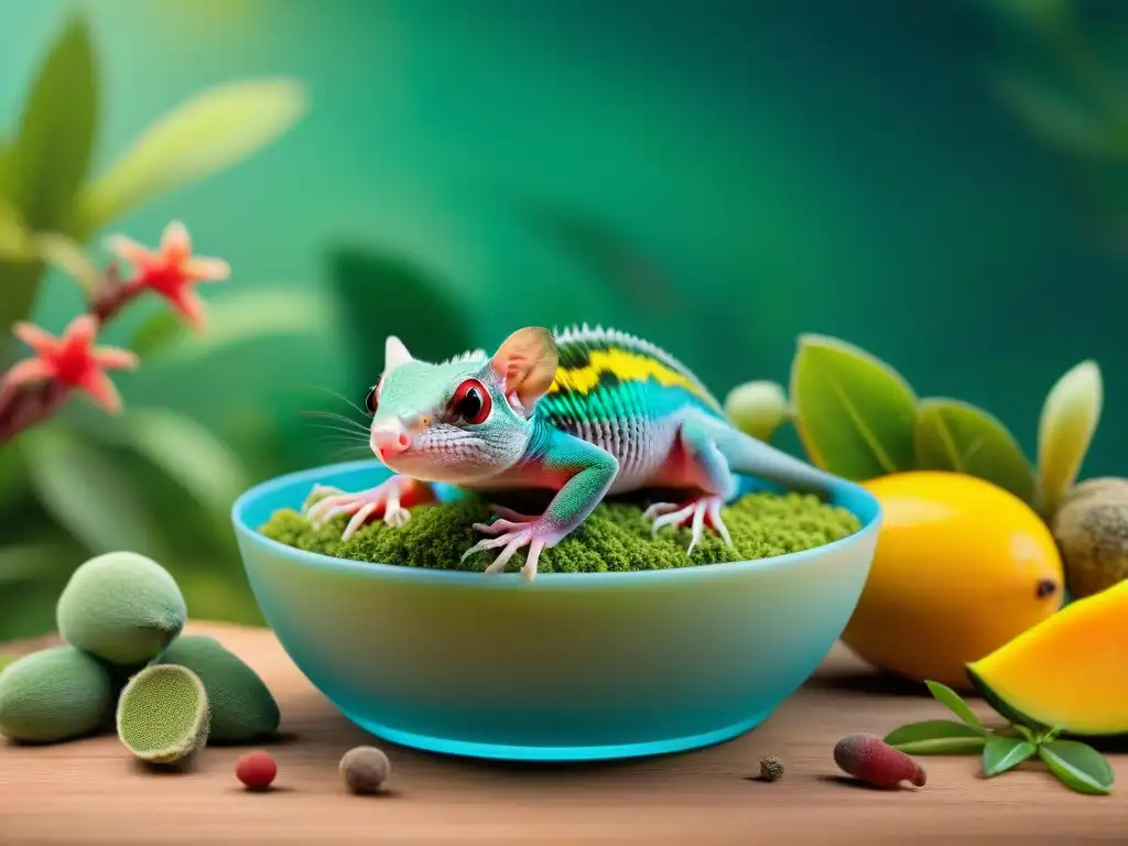 Exóticas mascotas y sus alimentos premium en una imagen ultra detallada Un paraíso de mascotas exóticas rodeadas de su alimentación premium