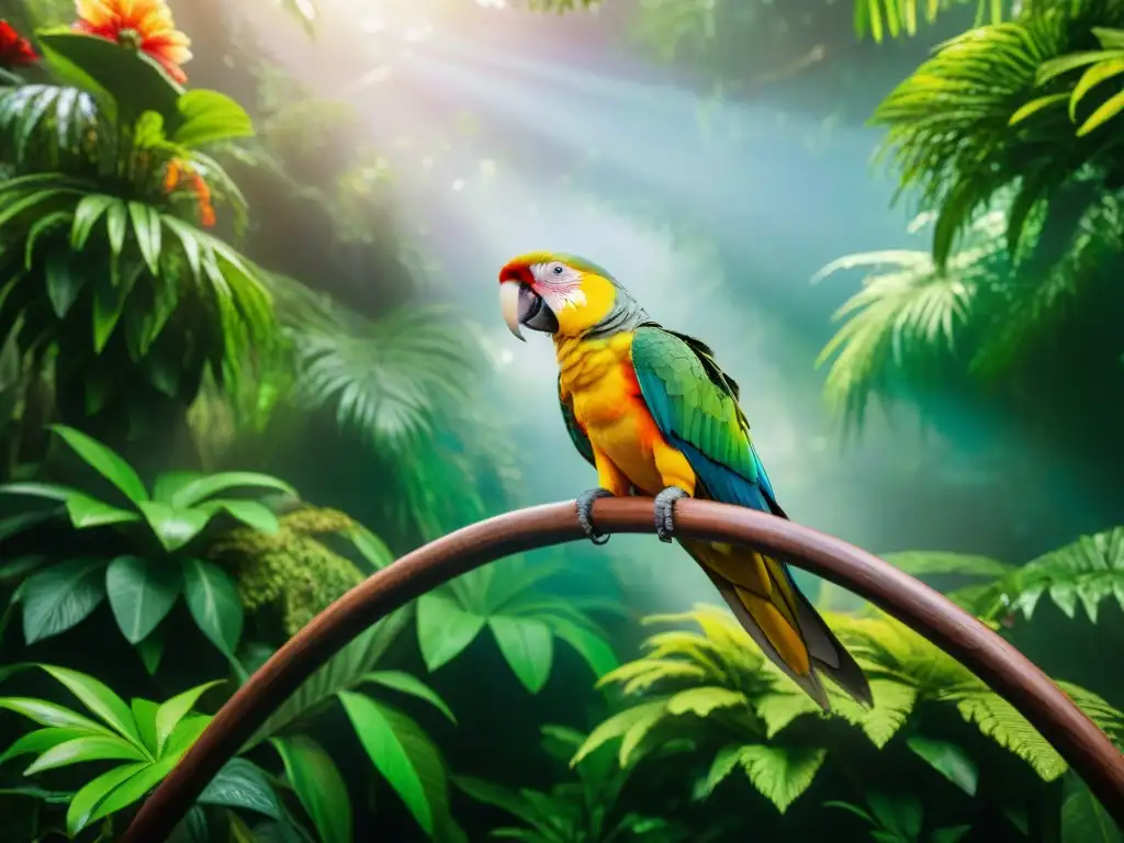 Un paraíso de mascotas exóticas en la selva tropical: loros coloridos, reptiles exóticos y mamíferos únicos conviven en armonía