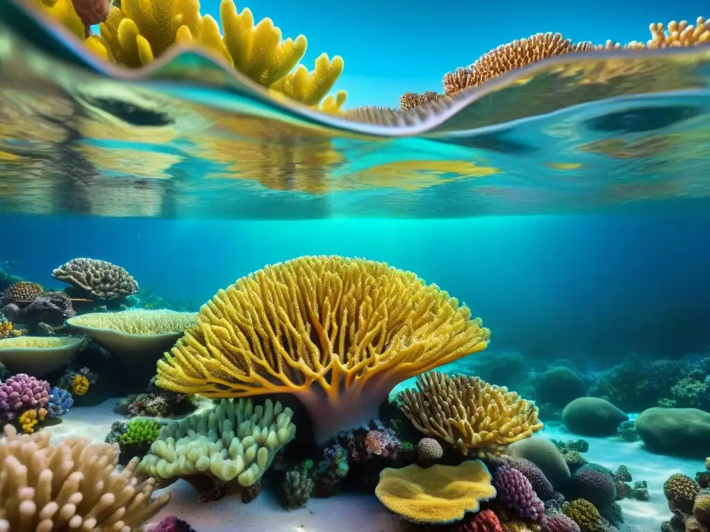 Arrecife de coral vibrante: detallado y realista Un paraíso submarino vivo con corales LPS y SPS cuidados, iluminado por el sol filtrado a través del agua cristalina