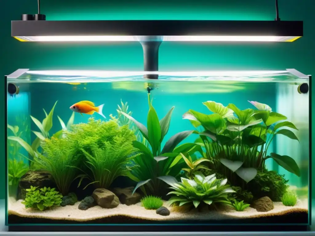 Instalación paso a paso de sistema de acuaponía en acuario Instalación paso a paso de acuaponía en acuarios autosostenible con plantas verdes y peces coloridos