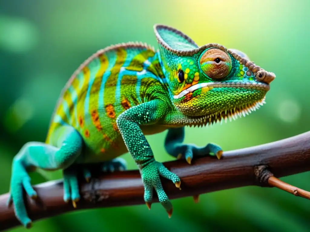 Camaleón vibrante: patrones y lenguaje corporal en la naturaleza Un camaleón con patrones vibrantes en su piel, mostrando cambios de color, movimientos oculares y posturas corporales