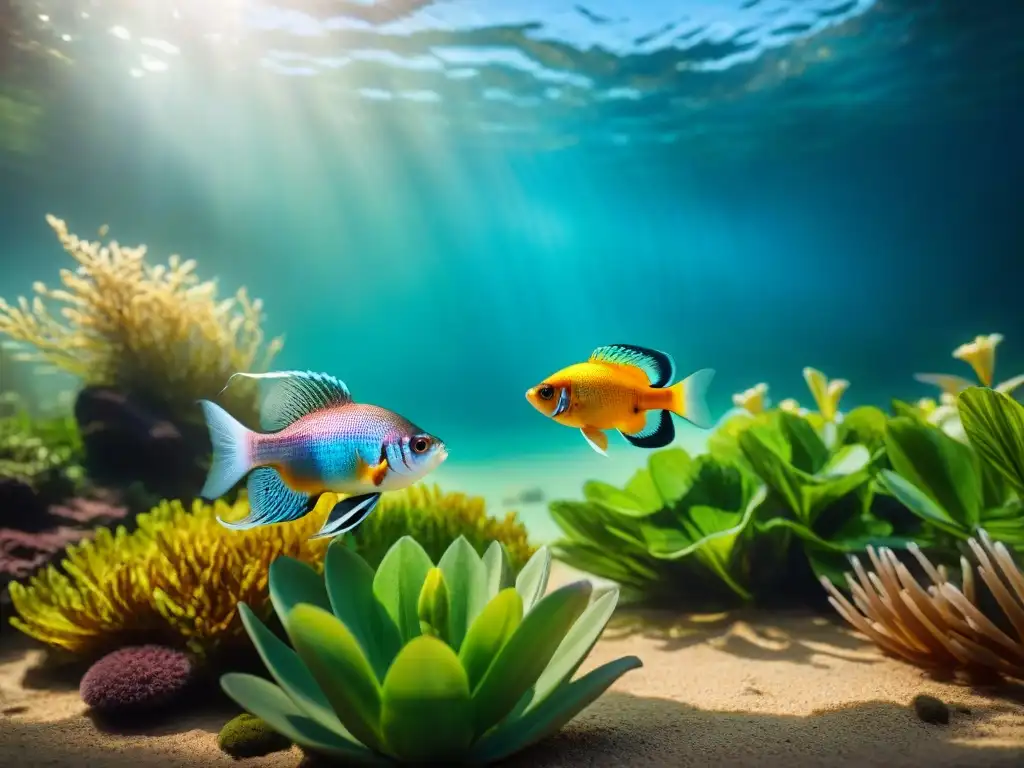 Danza de cortejo en acuario: peces exóticos en vibrante escenario acuático Reproducción de peces exóticos en un baile misterioso bajo el agua, rodeados de plantas acuáticas vibrantes y luz filtrada