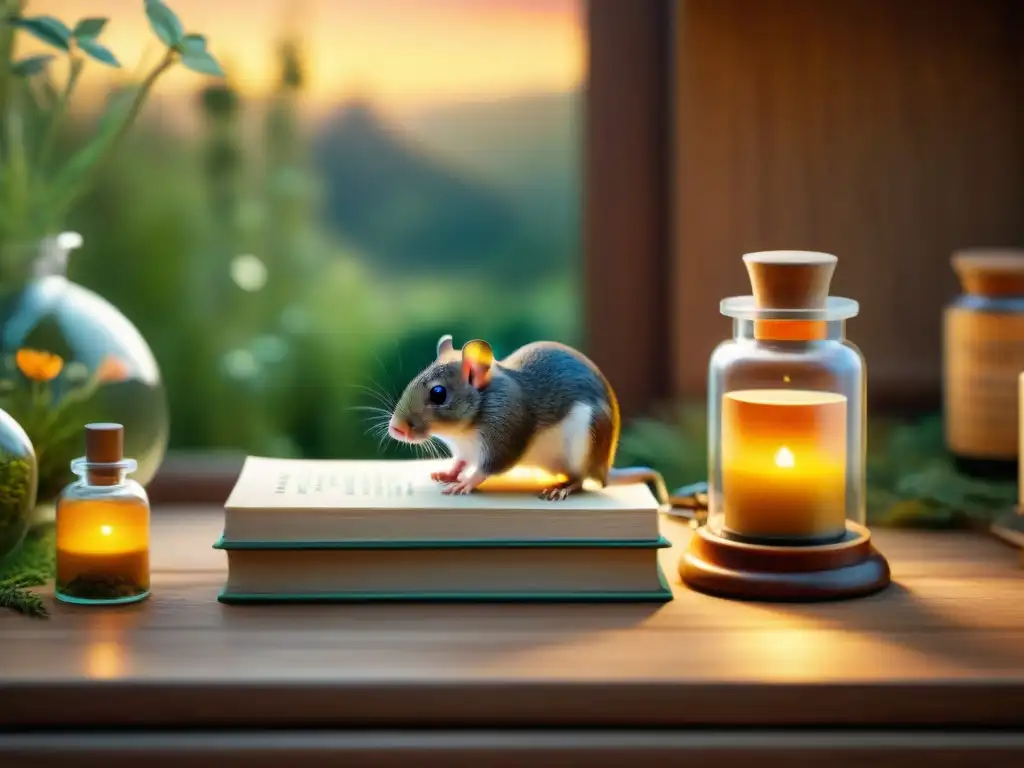 Miniatura apotecaria homeopática para roedores Pequeña apotecaría para roedores con libro 'Guía de homeopatía para roedores' y remedios etiquetados, iluminados por una lámpara