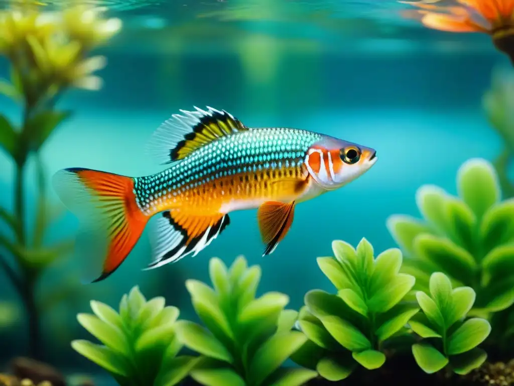 Un pequeño pez de agua dulce exótico nada entre plantas en un acuario, mostrando sus colores iridiscentes
