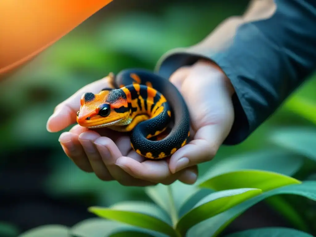 Interacción respetuosa: persona con salamandra en la selva Persona sosteniendo con cuidado una salamandra naranja y negra en un bosque verde
