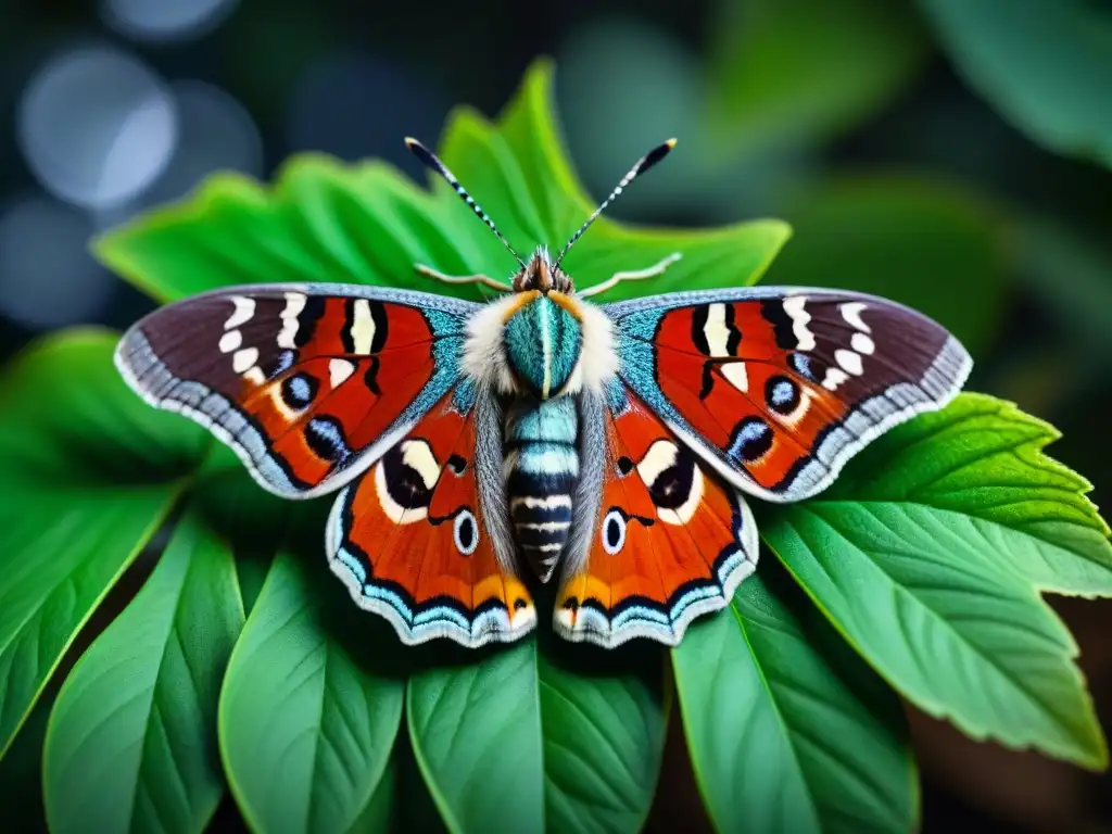 Exótica polilla en hoja tropical: detalle realista Polilla exótica en hoja tropical, bosque misterioso, belleza iridiscente a la luz de la luna