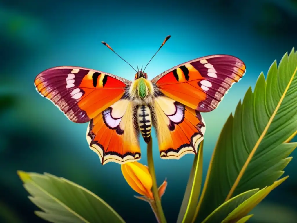 Majestuosa mariposa exótica en flor tropical nocturna Polilla exótica posada en flor tropical de noche, mostrando sus alas iridiscentes bajo la luna