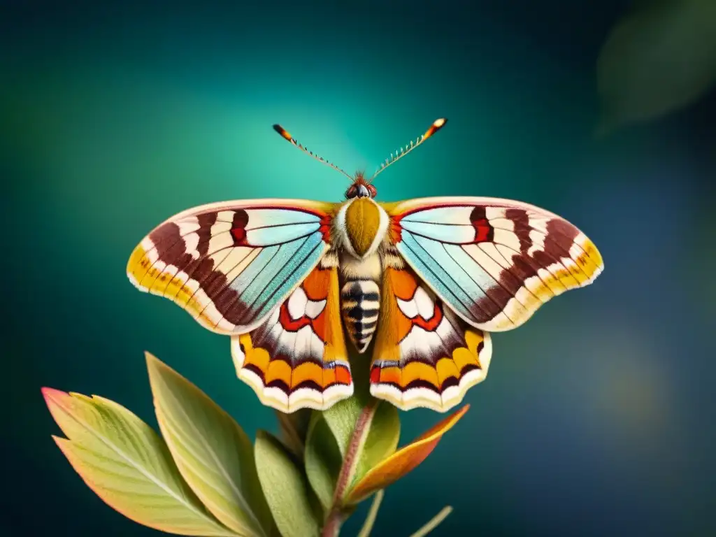 Misterioso y vibrante: Mariposa exótica en flor tropical Una polilla exótica vibrante reposa en flor tropical de noche, iluminada por la luna