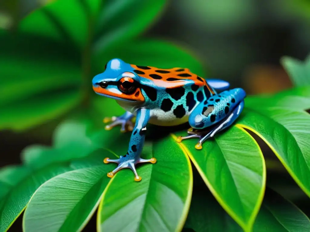 Rana venenosa: detalle y color en la selva Rana venenosa en hoja verde, patrón y colores vibrantes, belleza tóxica bajo el sol