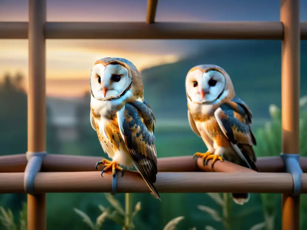 Miradas nocturnas: Majestuosas lechuzas en cautiverio al atardecer Dos rapaces nocturnas cautivas, un Búho Común y un Búho de Virginia, posan majestuosamente juntos en un aviario al atardecer