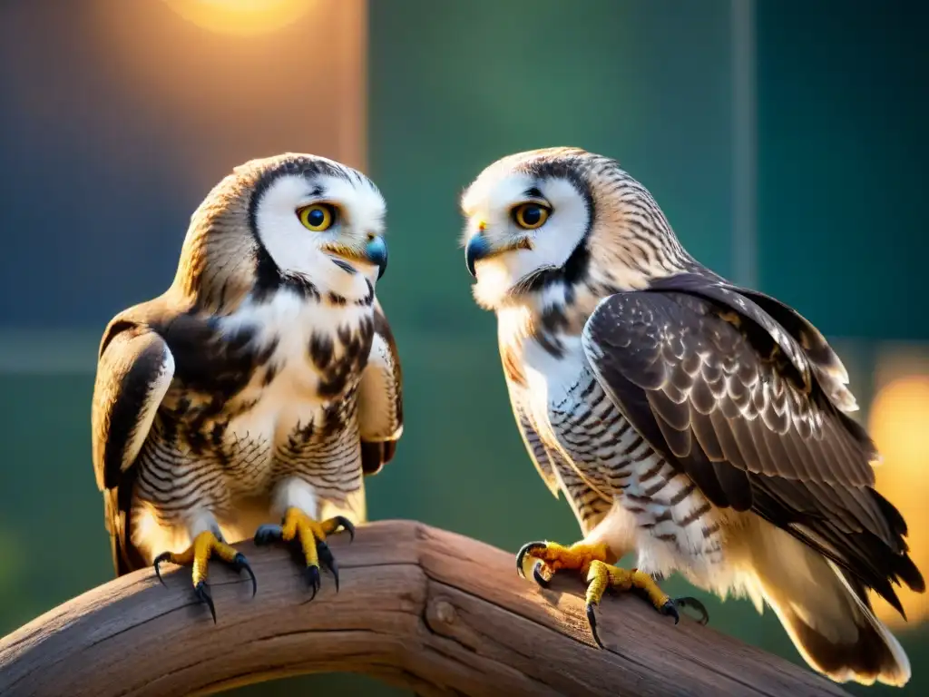 Vínculo nocturno: Intimidad entre aves rapaces en cautiverio Dos rapaces nocturnas en cautiverio, una acicalando plumas de la otra bajo la luz de la luna