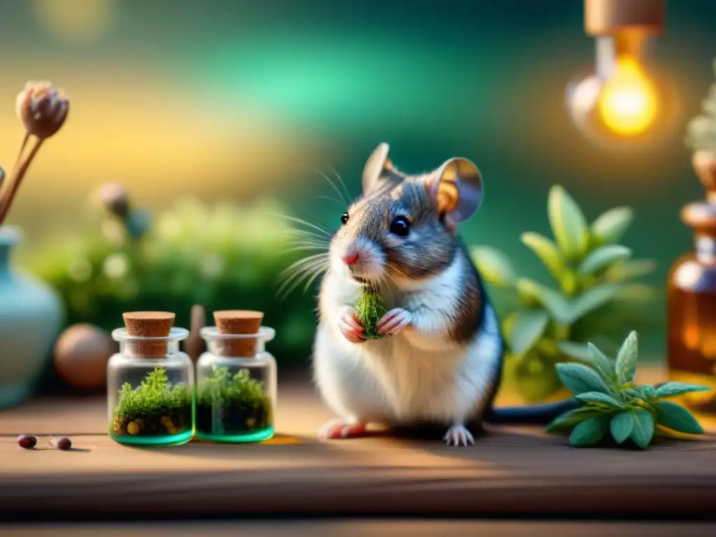 Habitat de roedores acogedor y sereno con mini botica homeopática Un refugio acogedor para roedores con una apotecaria homeopática, lleno de remedios